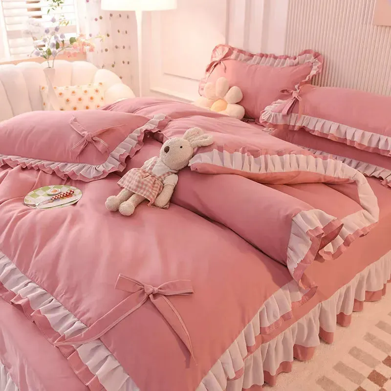 SINOTAO  -  Girls Bedding Sets Kawaii Seersucker Bed Sheet Pillowcase Fashion Princess Duvet Cover Solid Color 4 Pieces Cute Home Decoration