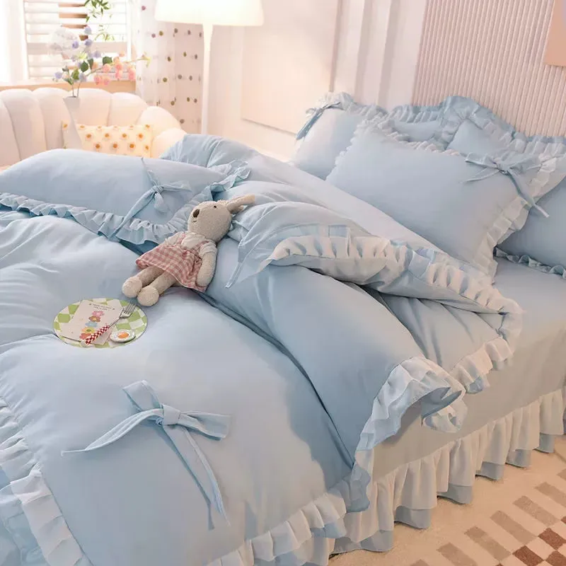 SINOTAO  -  Girls Bedding Sets Kawaii Seersucker Bed Sheet Pillowcase Fashion Princess Duvet Cover Solid Color 4 Pieces Cute Home Decoration