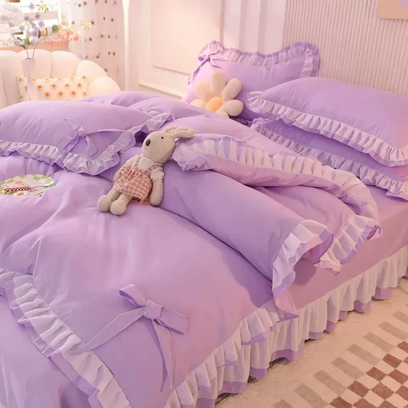 SINOTAO  -  Girls Bedding Sets Kawaii Seersucker Bed Sheet Pillowcase Fashion Princess Duvet Cover Solid Color 4 Pieces Cute Home Decoration