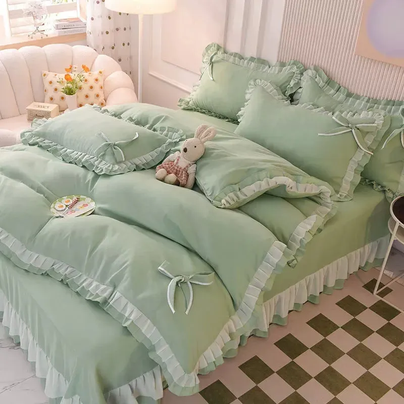 SINOTAO  -  Girls Bedding Sets Kawaii Seersucker Bed Sheet Pillowcase Fashion Princess Duvet Cover Solid Color 4 Pieces Cute Home Decoration