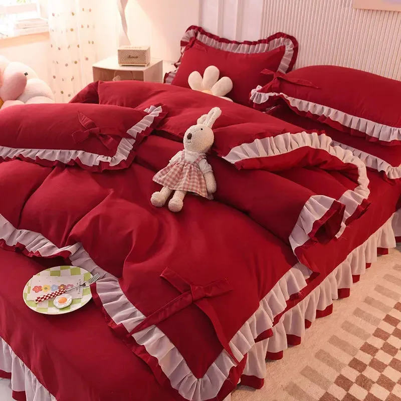 SINOTAO  -  Girls Bedding Sets Kawaii Seersucker Bed Sheet Pillowcase Fashion Princess Duvet Cover Solid Color 4 Pieces Cute Home Decoration