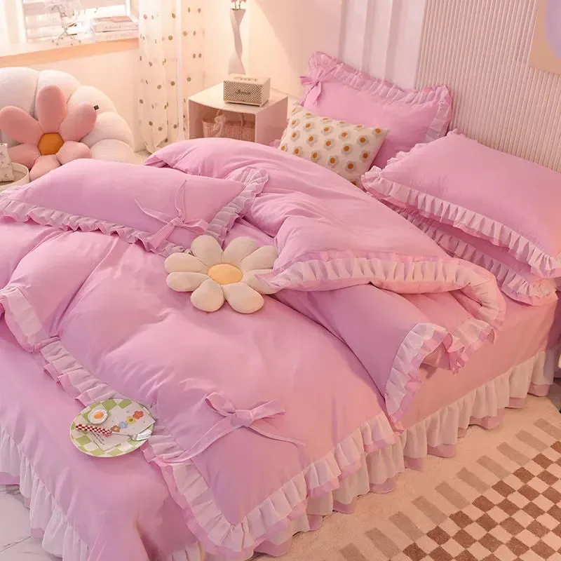 SINOTAO  -  Girls Bedding Sets Kawaii Seersucker Bed Sheet Pillowcase Fashion Princess Duvet Cover Solid Color 4 Pieces Cute Home Decoration