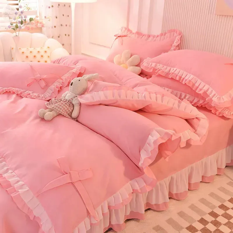 SINOTAO  -  Girls Bedding Sets Kawaii Seersucker Bed Sheet Pillowcase Fashion Princess Duvet Cover Solid Color 4 Pieces Cute Home Decoration