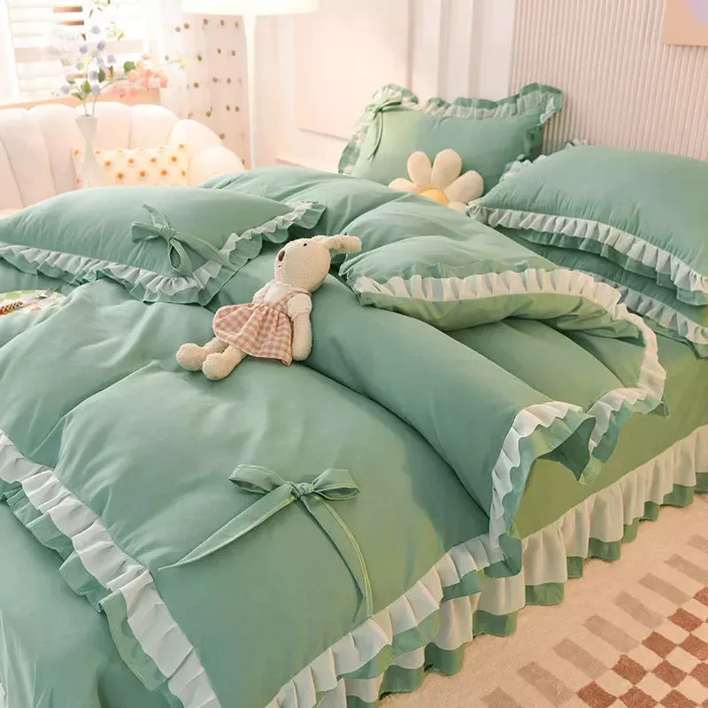 SINOTAO  -  Girls Bedding Sets Kawaii Seersucker Bed Sheet Pillowcase Fashion Princess Duvet Cover Solid Color 4 Pieces Cute Home Decoration