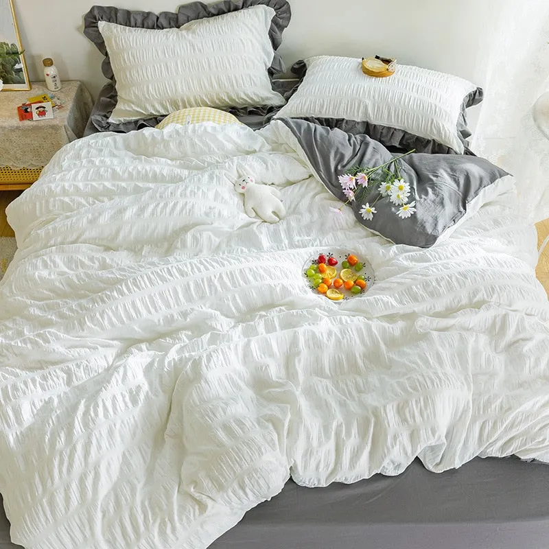 【SODE OUT】Yeknu Simple Solid Binding Bedding Set White Blue Queen King 220x240 Size Duvet Cover Set 200x230 Bed Quilt Cover Bedclothes For Home