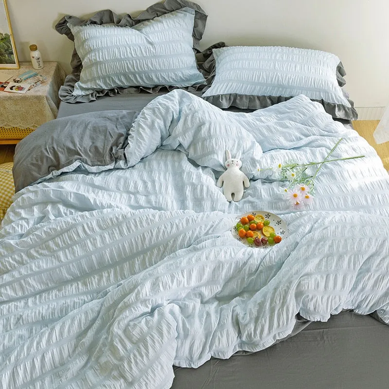 【SODE OUT】Yeknu Simple Solid Binding Bedding Set White Blue Queen King 220x240 Size Duvet Cover Set 200x230 Bed Quilt Cover Bedclothes For Home