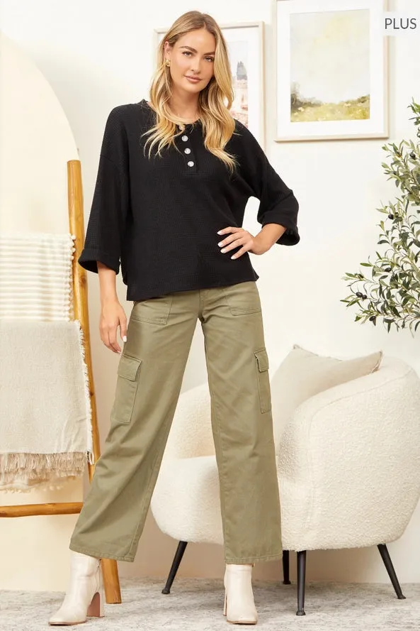 Solid Button Down Thermal Top Curvy and Reg
