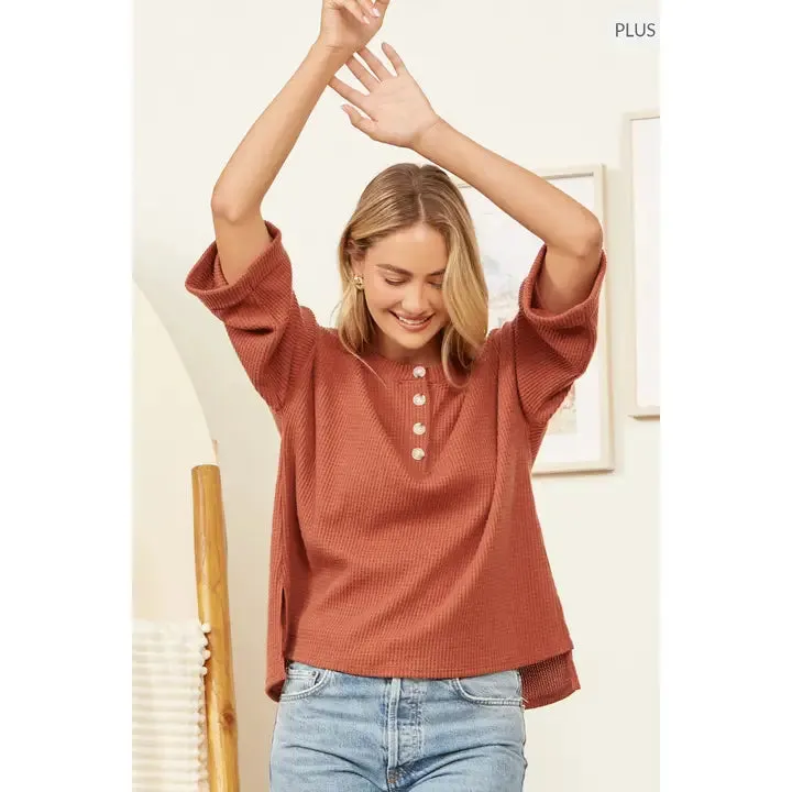 Solid Button Down Thermal Top Curvy and Reg