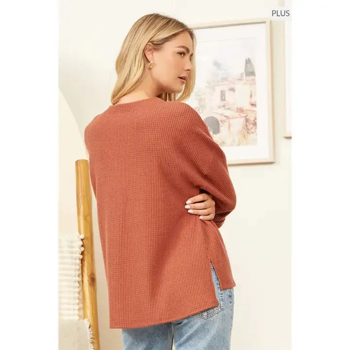 Solid Button Down Thermal Top Curvy and Reg