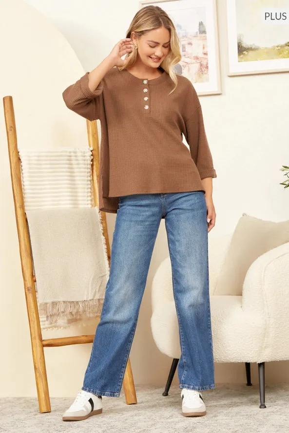 Solid Button Down Thermal Top Curvy and Reg