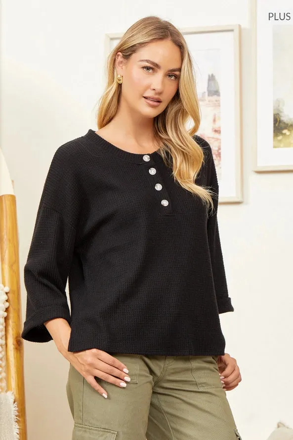 Solid Button Down Thermal Top Curvy and Reg