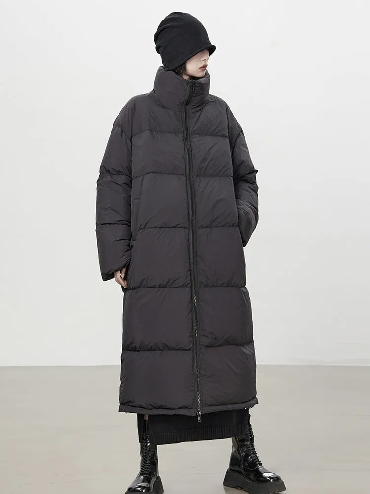 Stand-Neck Plain Long-Coat Down-Coat