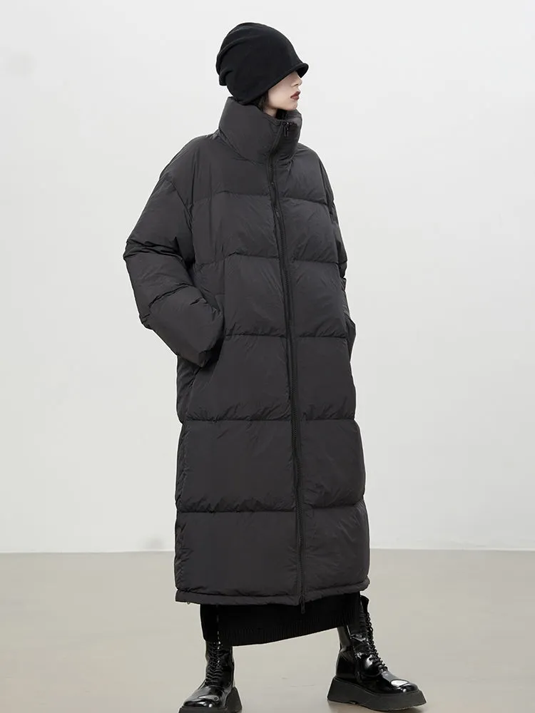 Stand-Neck Plain Long-Coat Down-Coat