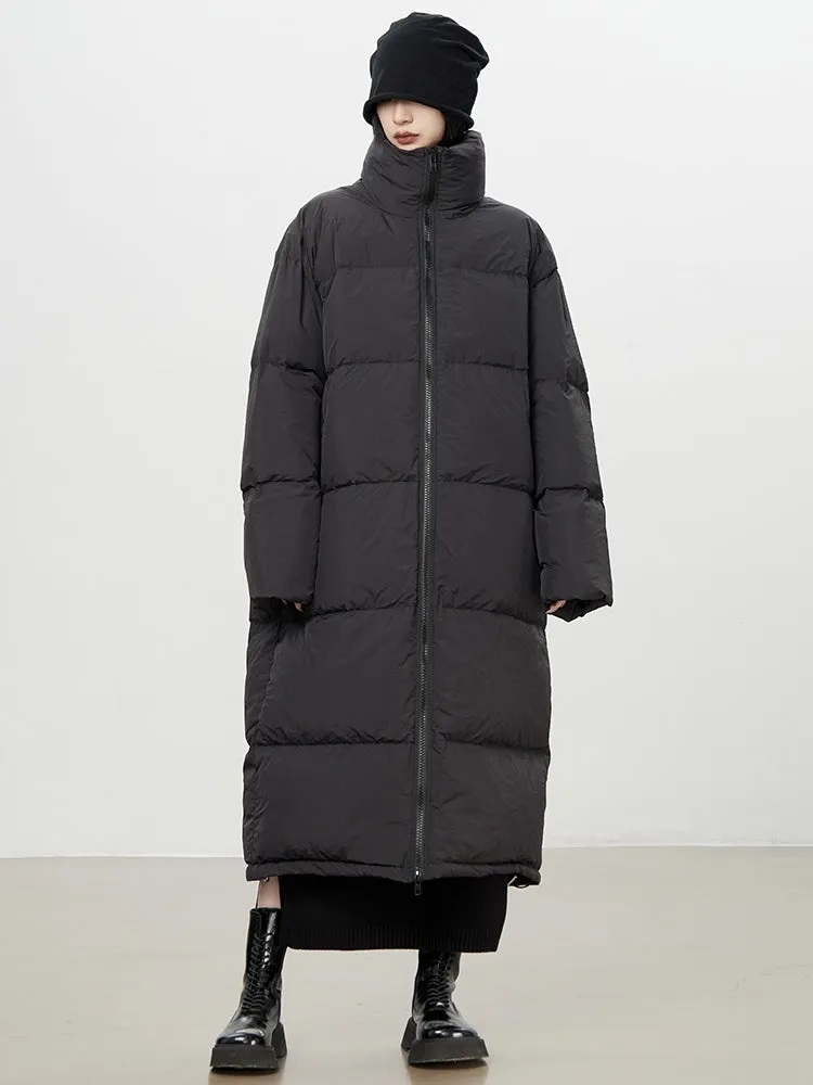 Stand-Neck Plain Long-Coat Down-Coat
