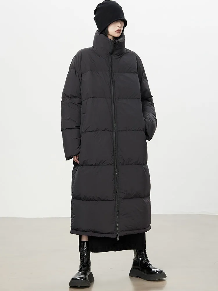 Stand-Neck Plain Long-Coat Down-Coat