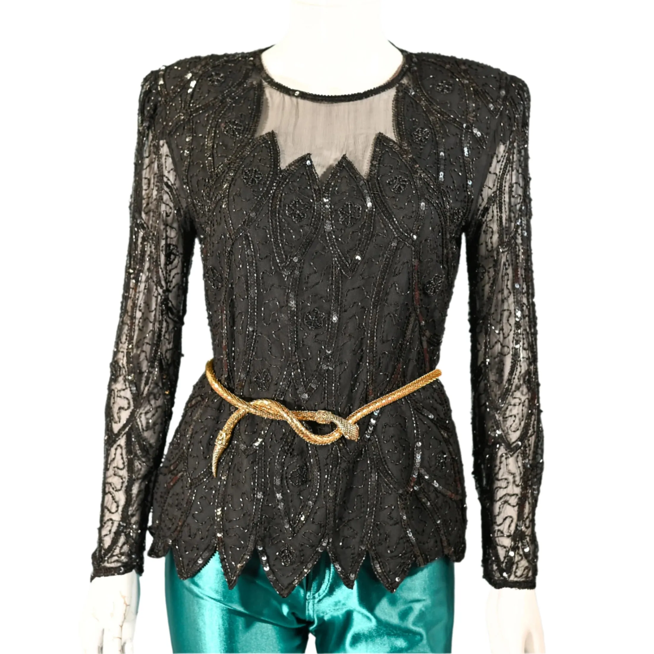 Stenlay 80s Black Silk Beaded/Sequin Top S