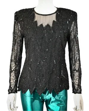 Stenlay 80s Black Silk Beaded/Sequin Top S