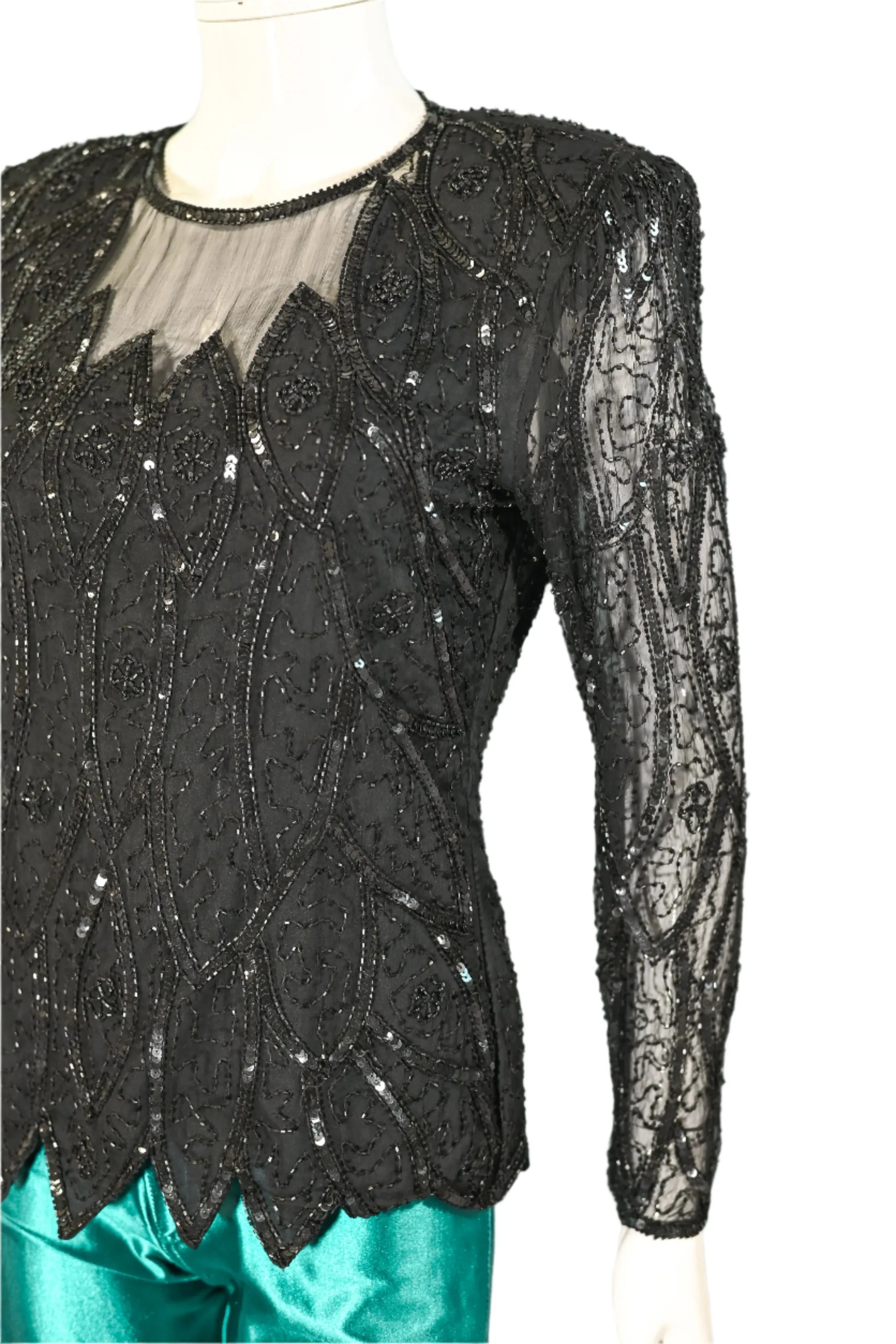 Stenlay 80s Black Silk Beaded/Sequin Top S