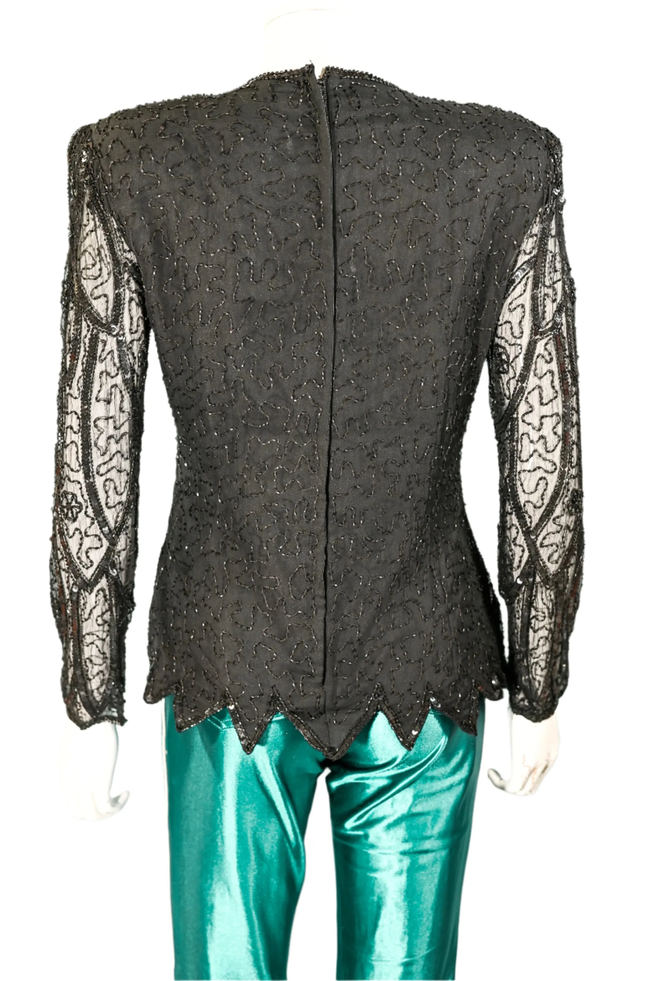 Stenlay 80s Black Silk Beaded/Sequin Top S