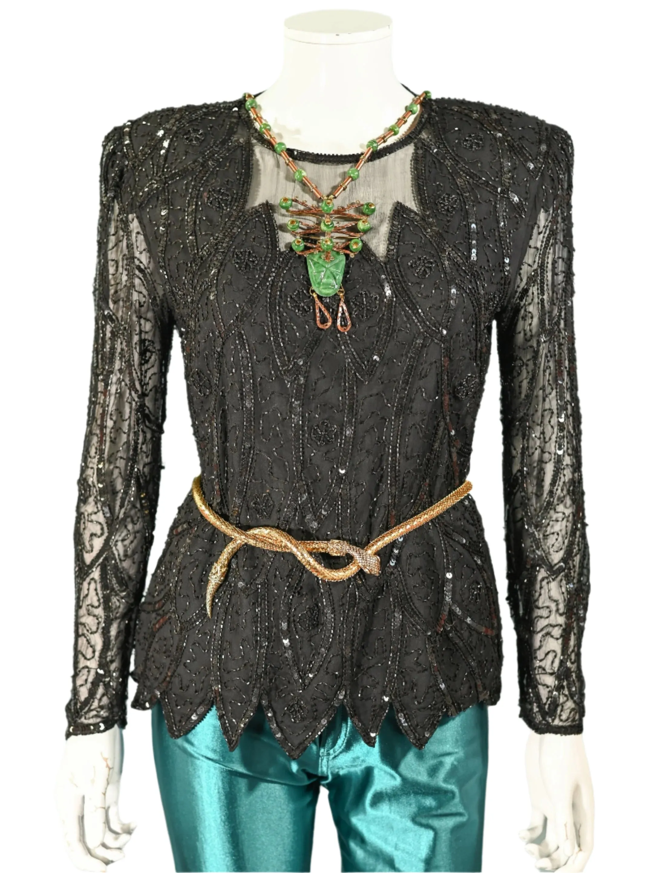 Stenlay 80s Black Silk Beaded/Sequin Top S