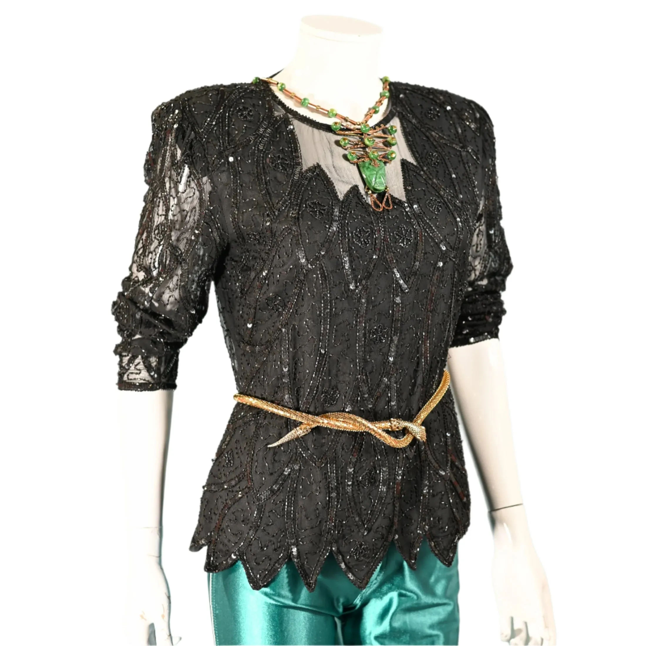 Stenlay 80s Black Silk Beaded/Sequin Top S