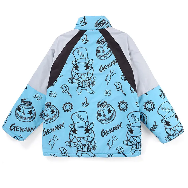 Stylish Contrast Color Graffiti Print Stand Collar Padded Coat