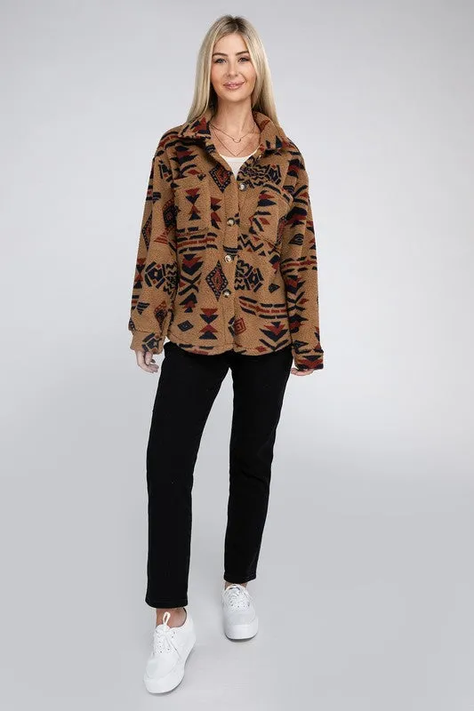 Sunset Camel Sherpa Shacket with Aztec Pattern
