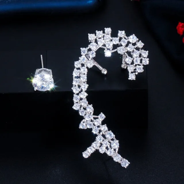 Super Shiny Round Cubic Zirconia Long Ear Cuff Stud Climber Earrings