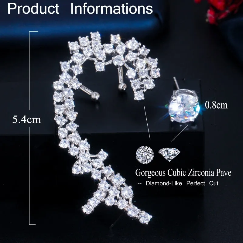 Super Shiny Round Cubic Zirconia Long Ear Cuff Stud Climber Earrings