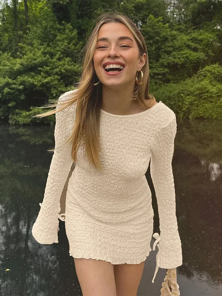 TAVIMART  -  Seersucker Backless Mini Dress Flare Long Sleeve Lace-up Tight Short Dresses 2024 Summer Fashion Simple One-piece Skirt
