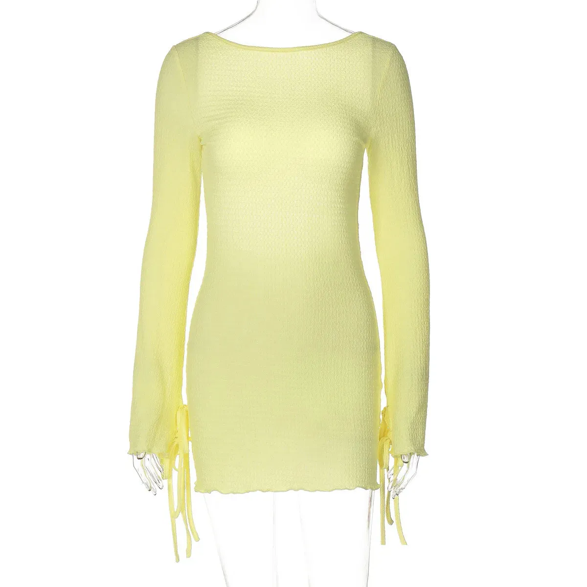 TAVIMART  -  Seersucker Backless Mini Dress Flare Long Sleeve Lace-up Tight Short Dresses 2024 Summer Fashion Simple One-piece Skirt