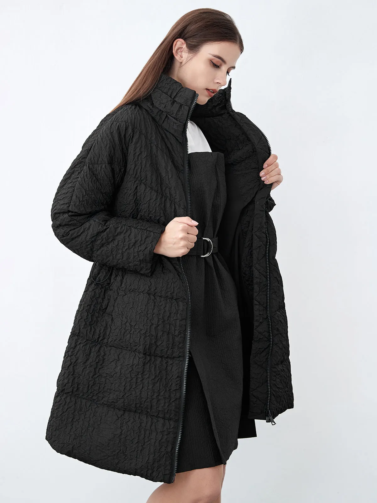 Textured Pleats Elastic Waist Down Coat