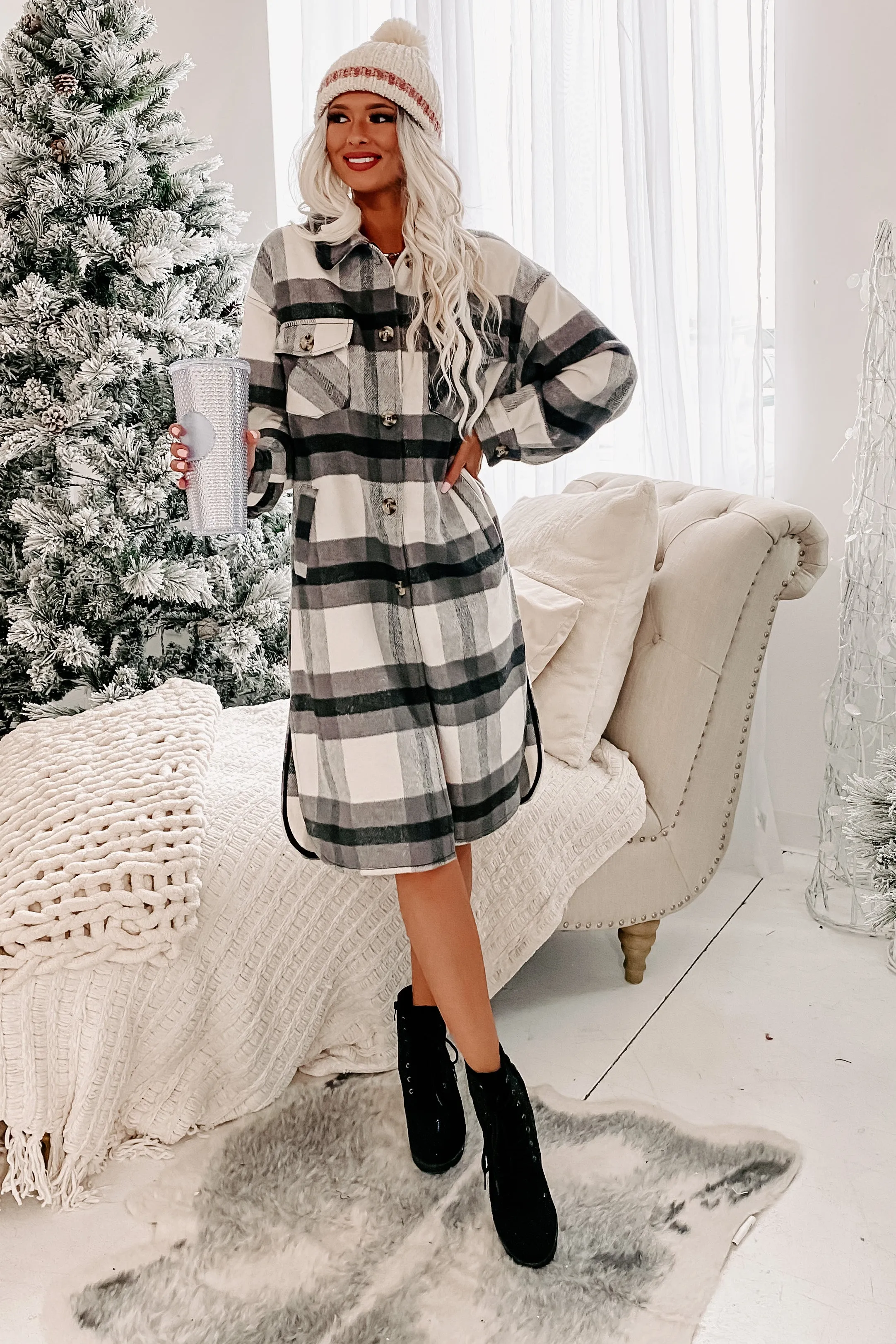 The Everything Plaid Long Plaid Shacket (Black)