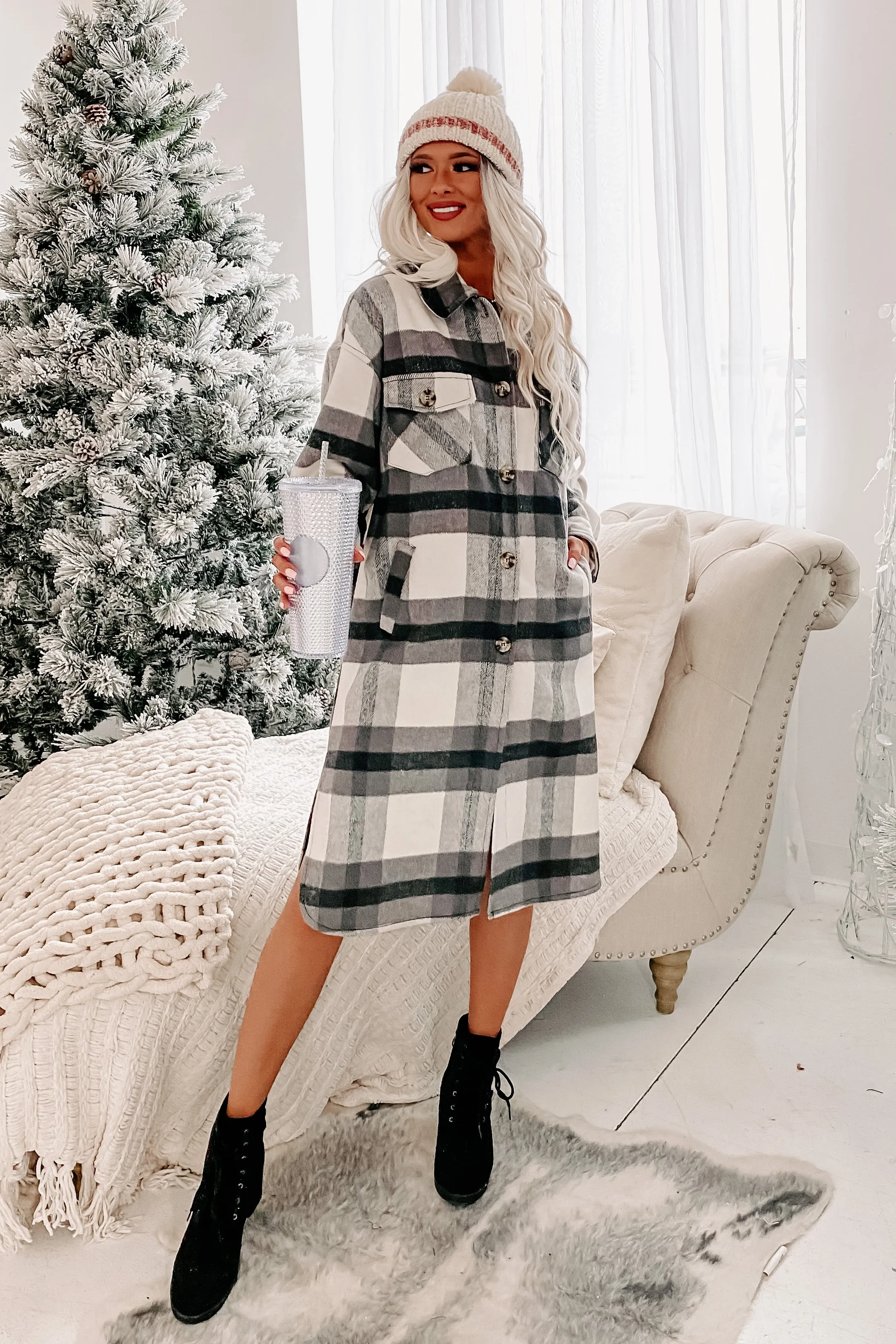 The Everything Plaid Long Plaid Shacket (Black)