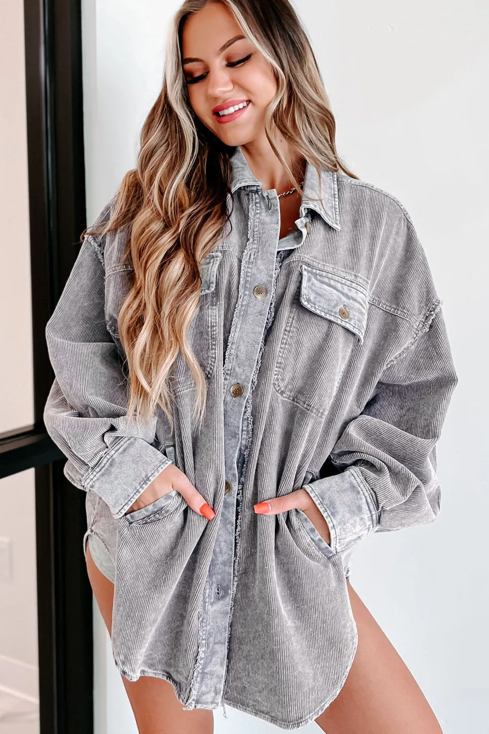 The More You Know Washed Corduroy Shacket (Charcoal)
