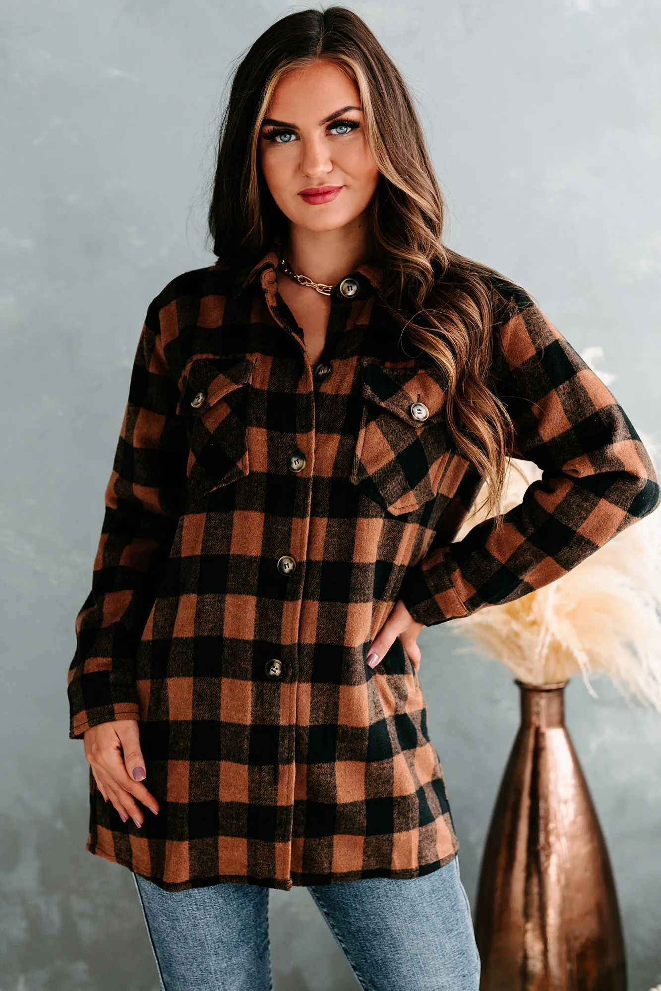 Trending Up Oversized Plaid Shacket (Camel/Black)