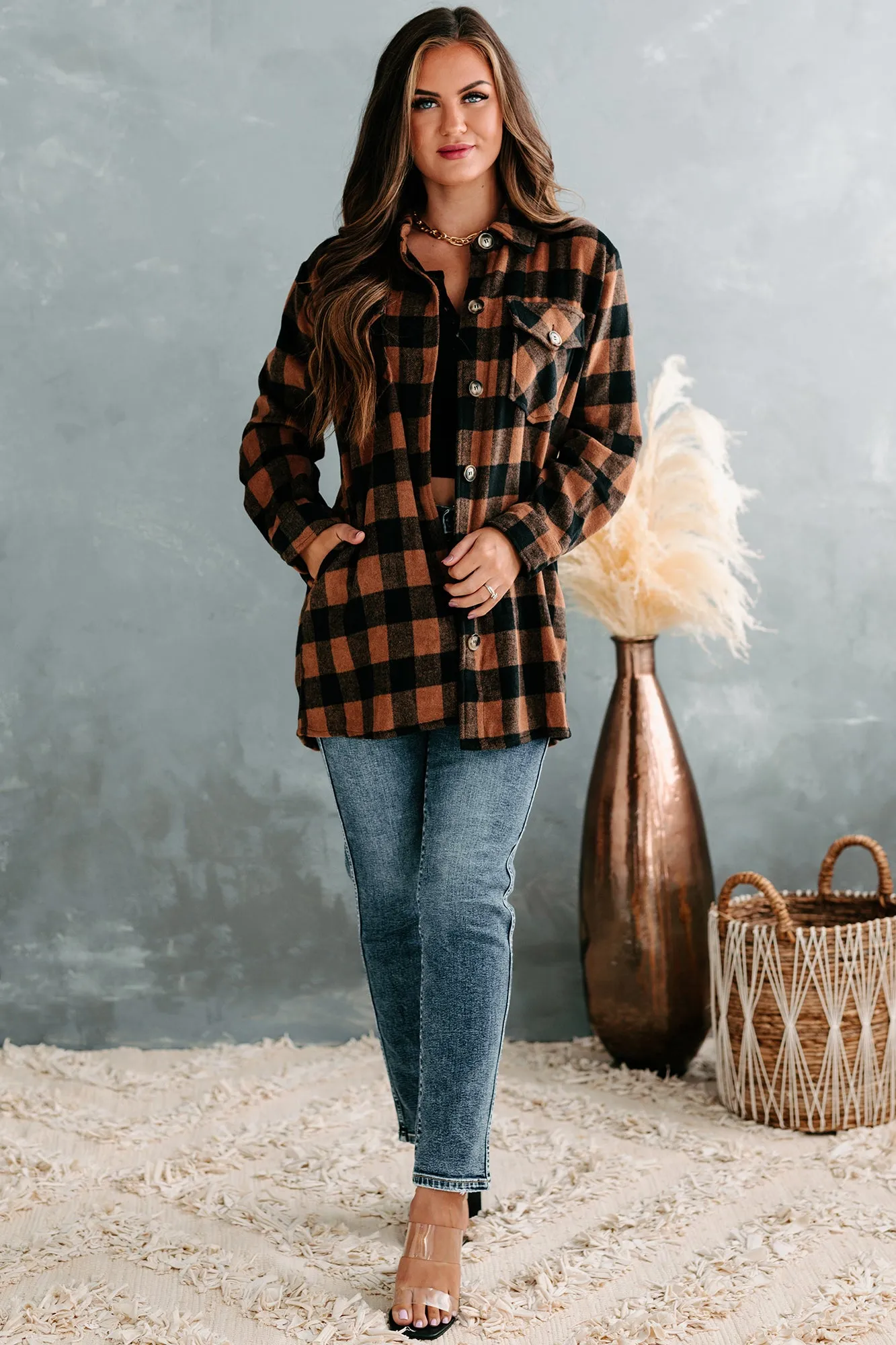 Trending Up Oversized Plaid Shacket (Camel/Black)
