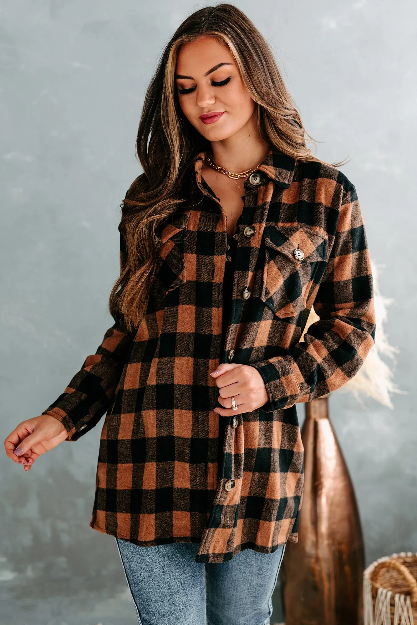 Trending Up Oversized Plaid Shacket (Camel/Black)