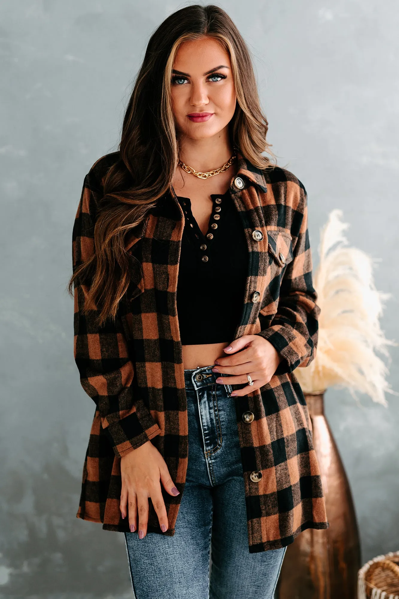 Trending Up Oversized Plaid Shacket (Camel/Black)