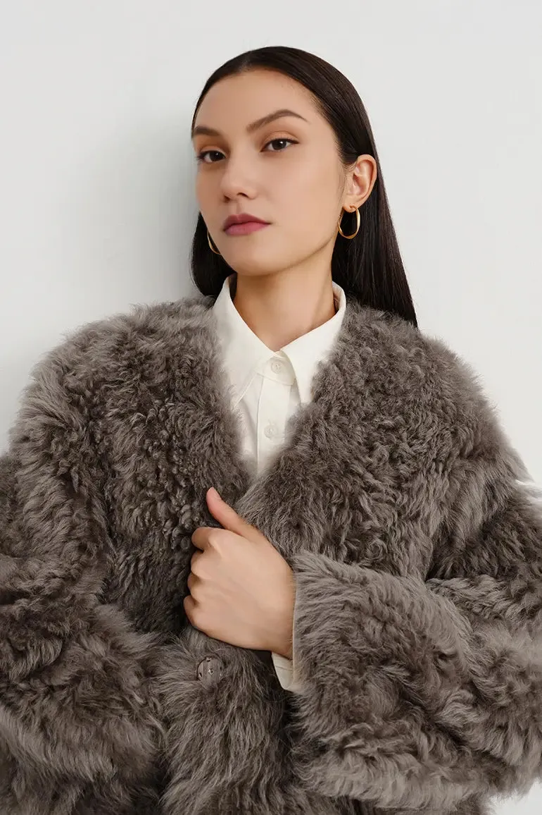 V-Neck Toscana Mid-Length Lambskin Shearling Coat