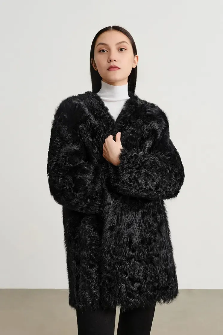 V-Neck Toscana Mid-Length Lambskin Shearling Coat