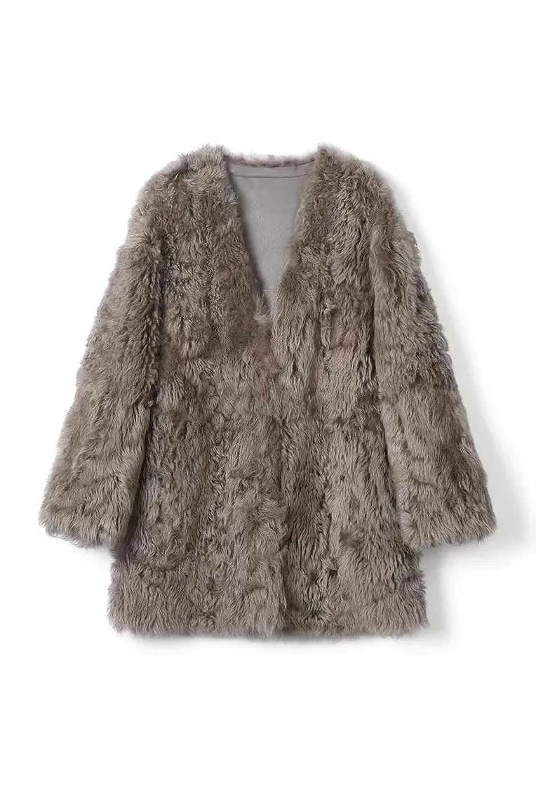 V-Neck Toscana Mid-Length Lambskin Shearling Coat