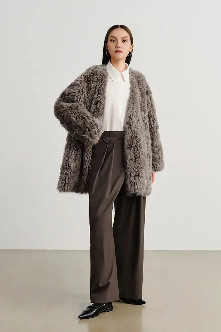 V-Neck Toscana Mid-Length Lambskin Shearling Coat