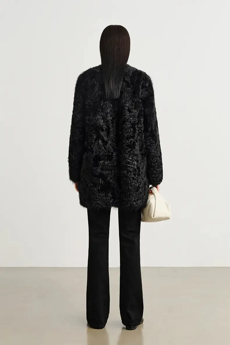 V-Neck Toscana Mid-Length Lambskin Shearling Coat