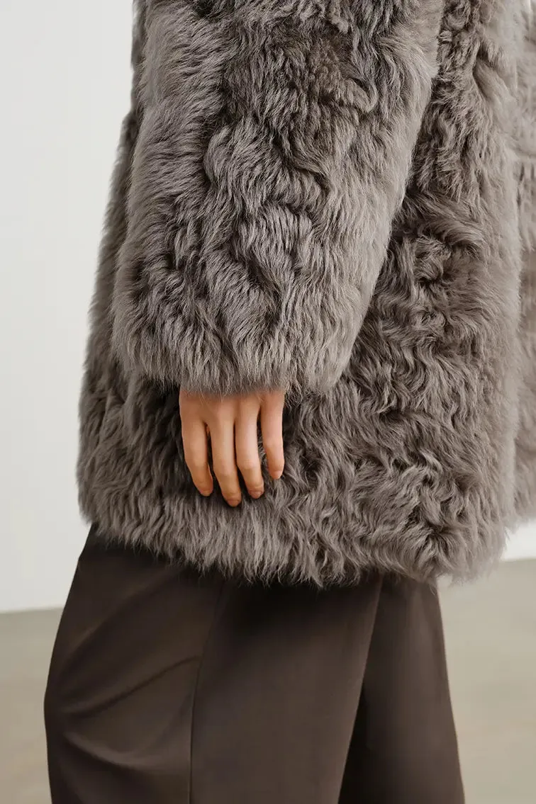 V-Neck Toscana Mid-Length Lambskin Shearling Coat