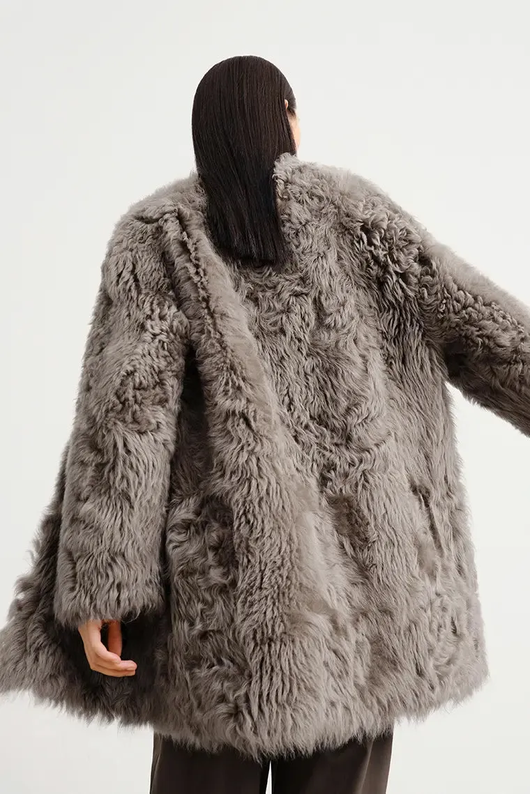 V-Neck Toscana Mid-Length Lambskin Shearling Coat