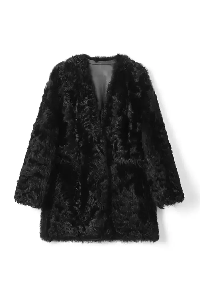 V-Neck Toscana Mid-Length Lambskin Shearling Coat