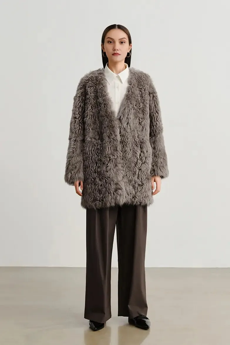V-Neck Toscana Mid-Length Lambskin Shearling Coat