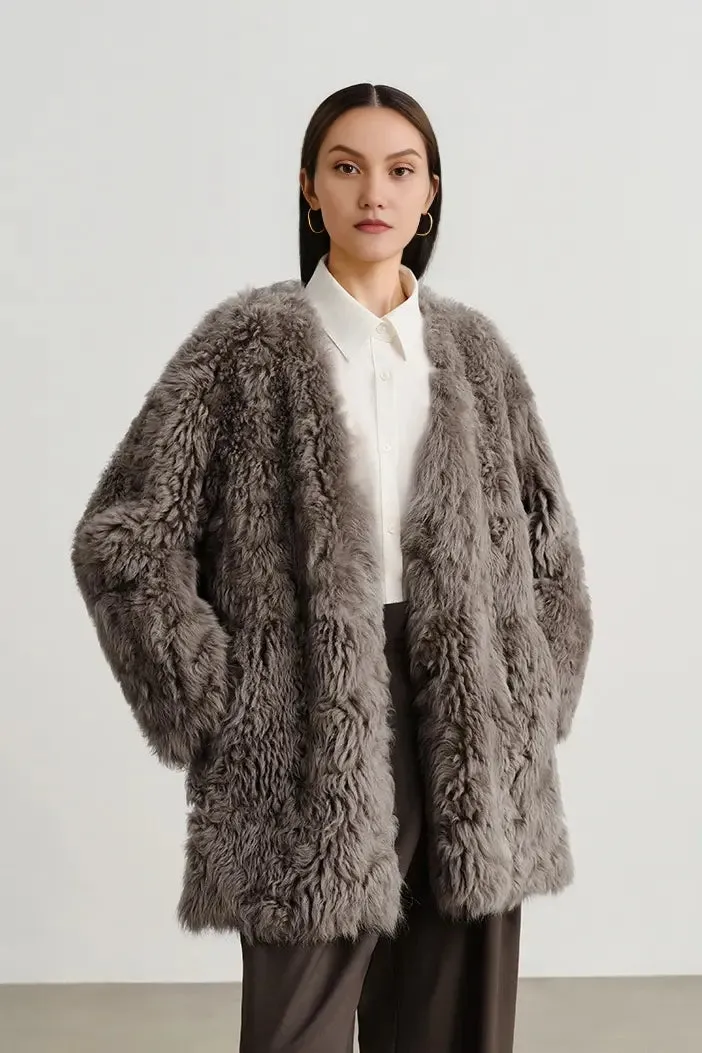 V-Neck Toscana Mid-Length Lambskin Shearling Coat