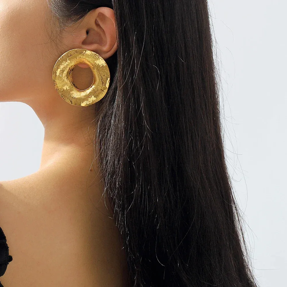 Vintage Gold Large Circle Earrings Creative Design Irregular Geometric Round Earring